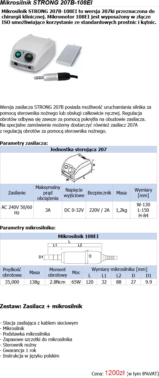SAESHIN - Mikrosilnik chirurgiczny STRONG 207B/108EI